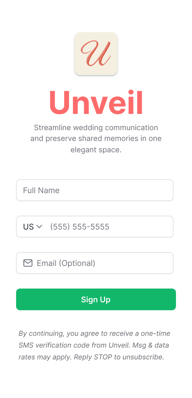 Screenshot of Unveil mobile app phone number entry screen during sign-up